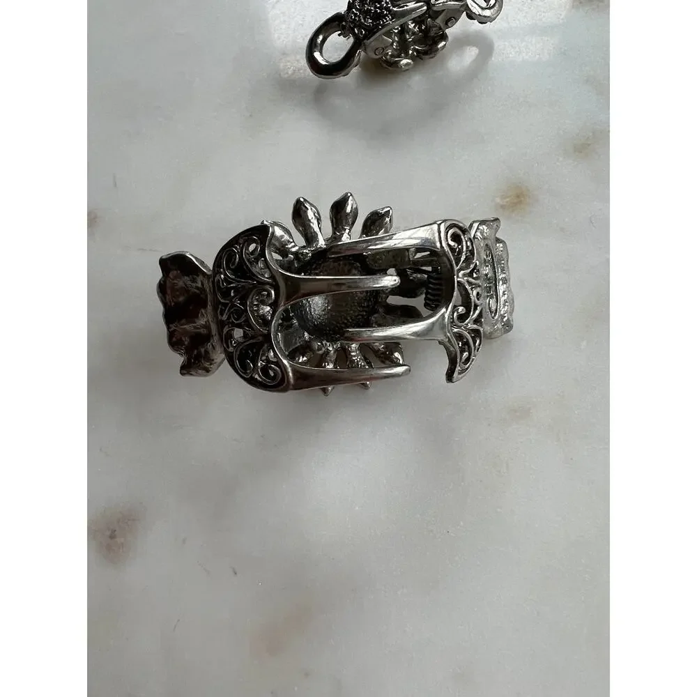 Vintage Sterling Silver and Crystal Flower Hair Claw Clips